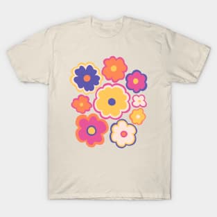 Hippie retro 70s flower pattern in pink, yellow and blue T-Shirt